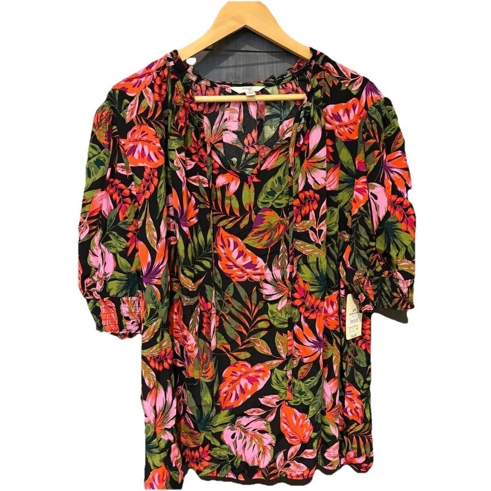 Terra &‎ Sky  Top Women's 2X Multicolor Rayon Floral Hawaiian 3/4 Sleeve New